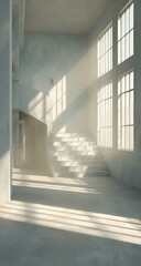 Obraz premium Light-filled interior space with concrete walls and stairs