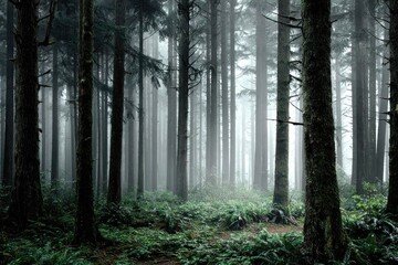 Fototapeta premium Misty, dark forest scene