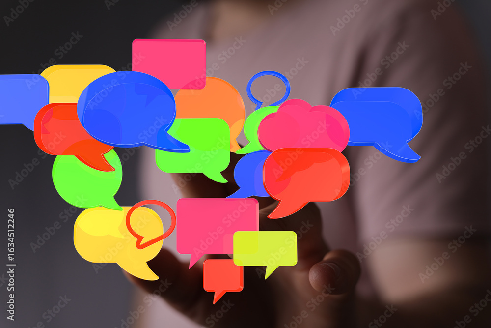 Poster abstract image of colorful speech bubbles. perfect for communication, social media, and networking c