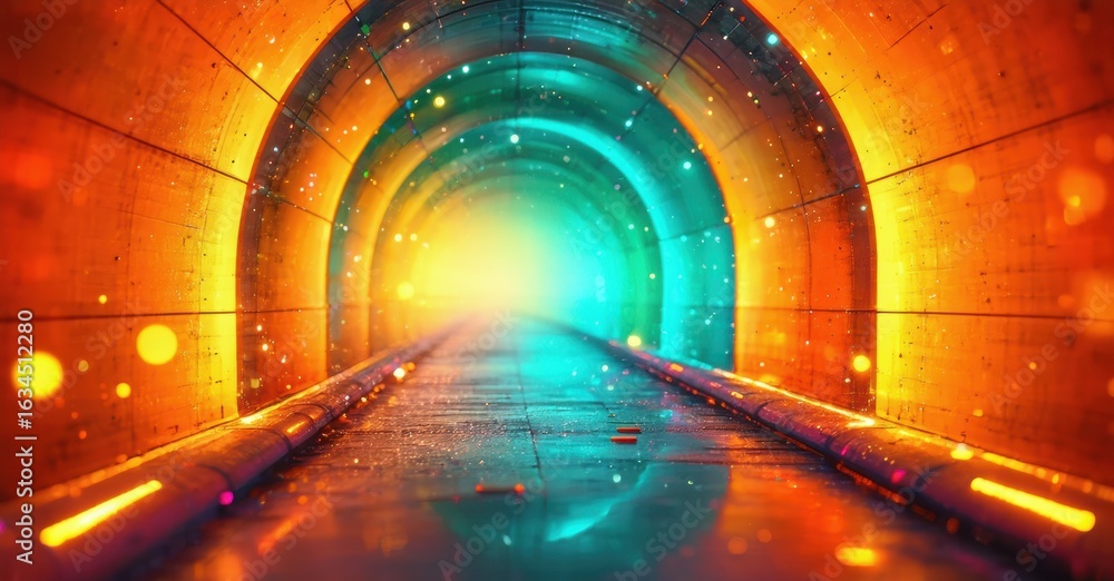 Poster bright tunnel extends forward. vivid colors blend, creating futuristic impression. light source draw