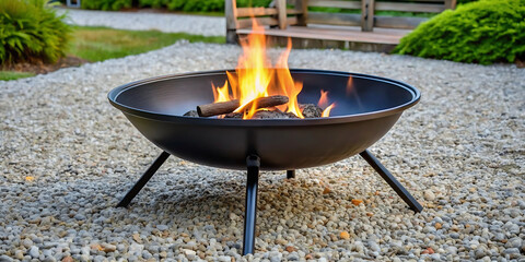 A black metal fire pit with bright flames burning, set on a bed of gravel in an outdoor garden setting, creating a warm and inviting atmosphere