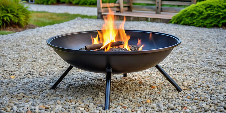 A black metal fire pit with bright flames burning, set on a bed of gravel in an outdoor garden setting, creating a warm and inviting atmosphere