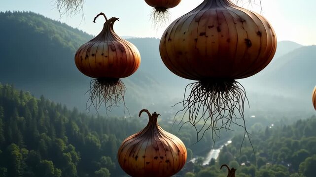 Suspended garlic bulbs Floating Over Green Mountain Landscape During Daylight