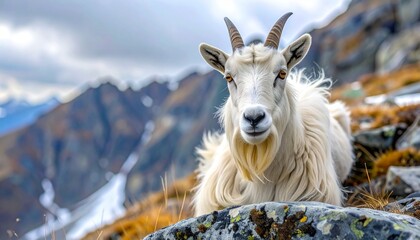 Obraz premium A majestic white mountain goat rests on a rocky outcrop, gazing calmly at the camera in the high alpine wilderness.