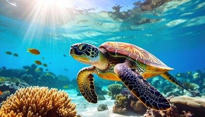 Underwater Wonders Captivating Sea Turtle and Coral Reefs in Sunlight