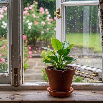 A small green plant grows in a pot and is placed next to the window