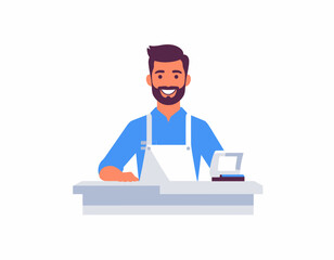 Friendly male cashier working at the checkout counter in a store. A happy small business owner character illustration for commerce.