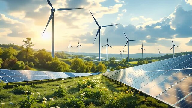 Wind turbines and solar panels in a lush green landscape at sunset