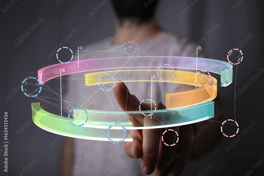 Poster modern business analytics. a finger interacts with a 3d data visualization.