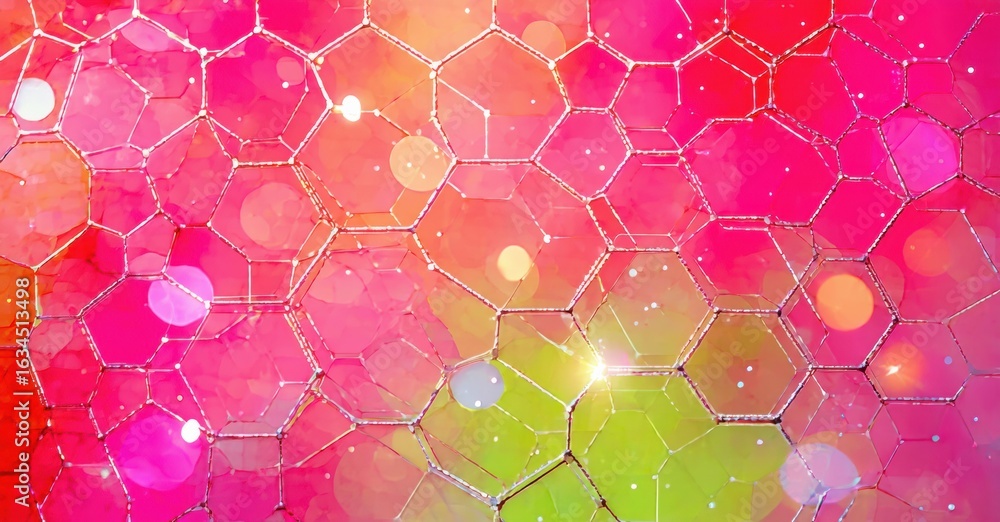 Poster abstract hexagonal pattern. vibrant colors blend, creating luminous effect. sparkling highlights add