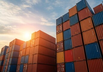 Stacked shipping containers at sunset create dynamic