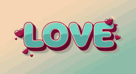 Creative love typography with 3D text effect and hearts. Stylized alphabet design for romantic greeting cards.