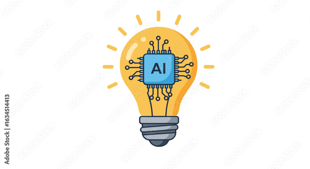 Poster innovative ai technology icon with a glowing lightbulb and processor symbolizing a bright idea and c