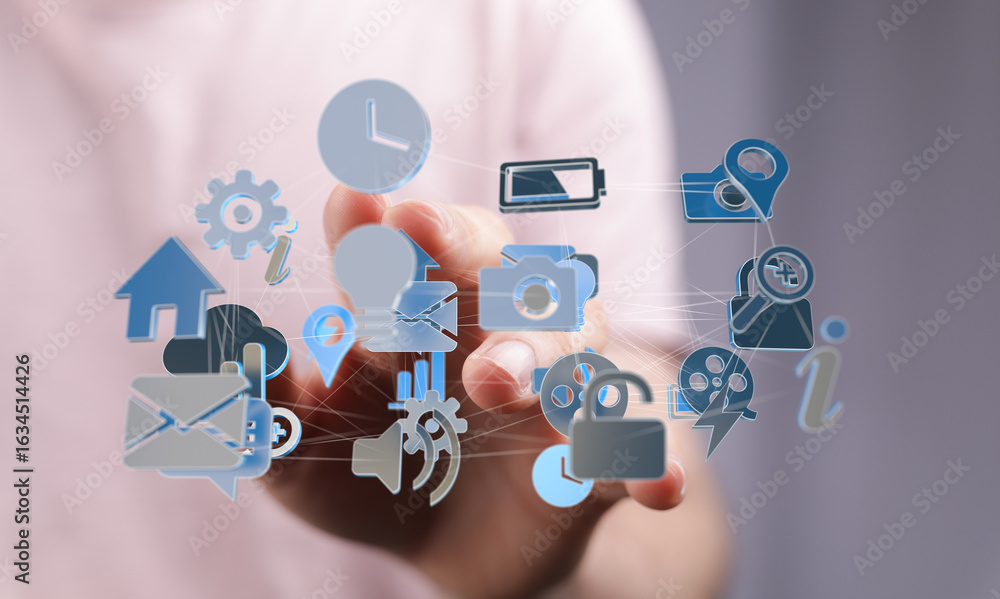 Poster hand interacting with a network of app icons. digital technology, connection, interface.