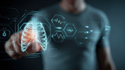 A person's finger interacts with a holographic representation of a human ribcage and associated medical data overlay
