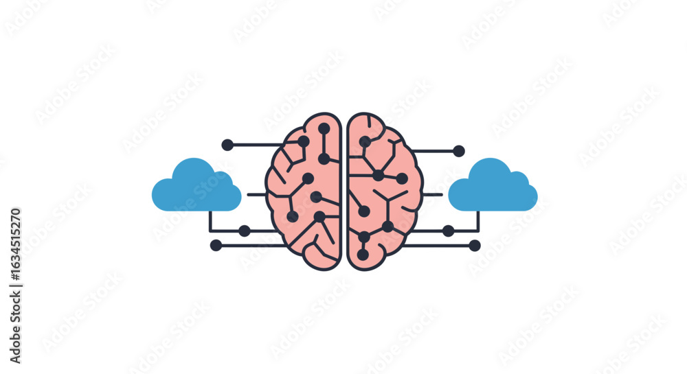 Poster conceptual illustration of artificial intelligence and cloud computing network connecting to a human