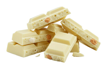 White chocolate bars with almond and hazelnut pieces stacked. Cut out PNG