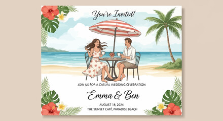 Tropical beach wedding invitation with couple sitting under an umbrella at sunset cafe