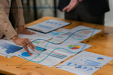 Business people discussing charts and graphs showing results of successful teamwork, stock market...