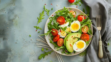 Fresh Arugula Salad with Hard-Boiled Eggs, Sliced Avocado, and Cherry Tomatoes. Healthy and Nutritious Meal.