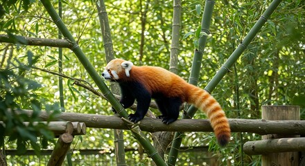 Red panda on a branch in a lush forest.