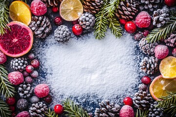 Berries and pinecones around white flour in center