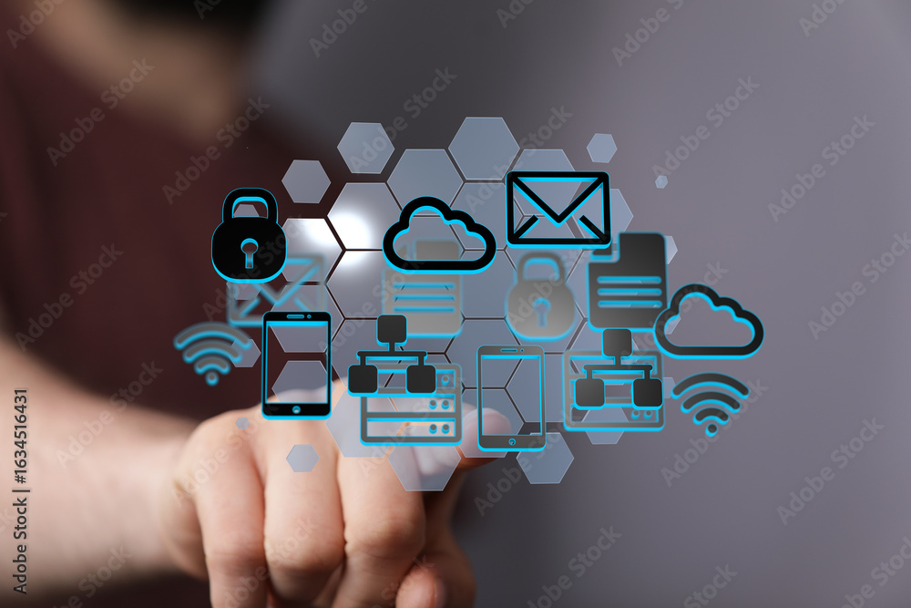 Poster person interacting with digital icons representing cloud computing, data security, and networking.