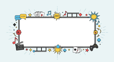 Vibrant entertainment border frame with film, music, and gaming elements ideal for creative projects