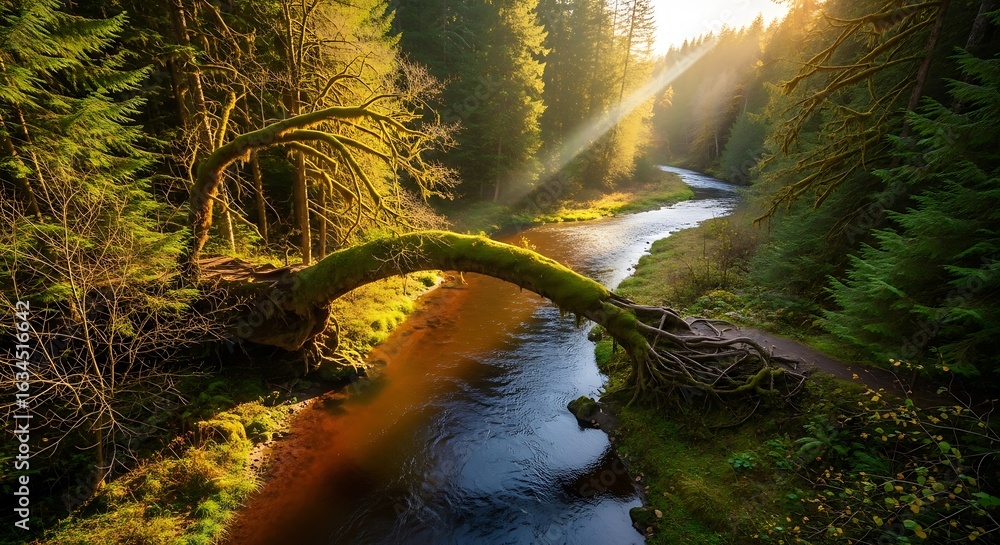 Poster sunlight streams through a forest, illuminating a fallen tree arching over a tranquil river.