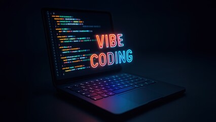 Sleek dark laptop glows with vibrant code and vibe coding text above keys, futuristic style and soft lighting add script runner, digital focus feel