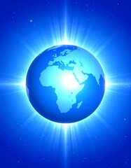 Fototapeta premium Glowing blue Earth with radiating light rays in space, symbolizing global connection, peace, and future.