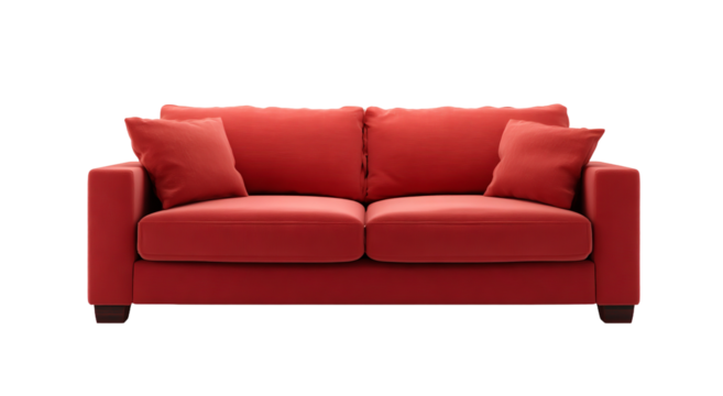 A stylish red sofa, perfect for a modern living room, offering comfort and style, isolated on transparent background
