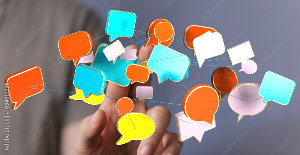 Poster abstract image of interconnected speech bubbles, representing global communication and networking.