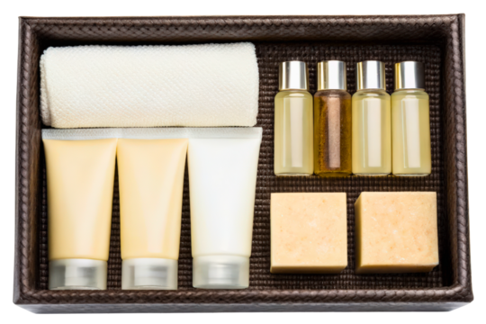 Set of hotel amenities and toiletries in a tray for guests isolated with transparent background