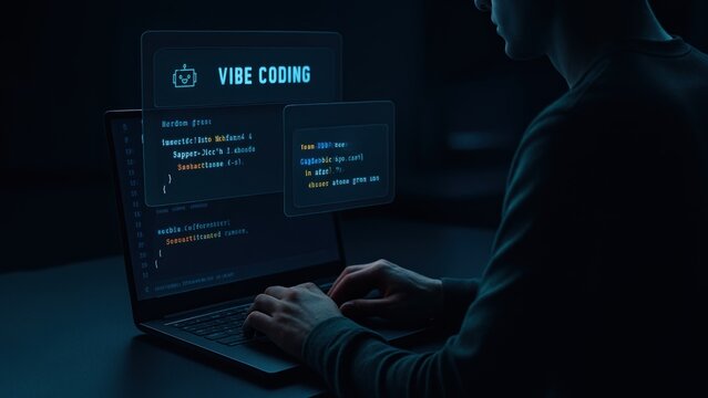 Man types on black laptop with floating interface shows code and vibe coding text, script runner, digital focus coding