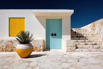 Colorful doorway and potted plant in a bright outdoor setting during sunny weather