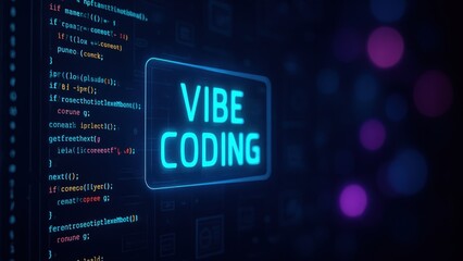 Floating neon code streams and glowing vibe coding text in dark cyber setting with soft bokeh lights, deep script runner, digital focus tech space