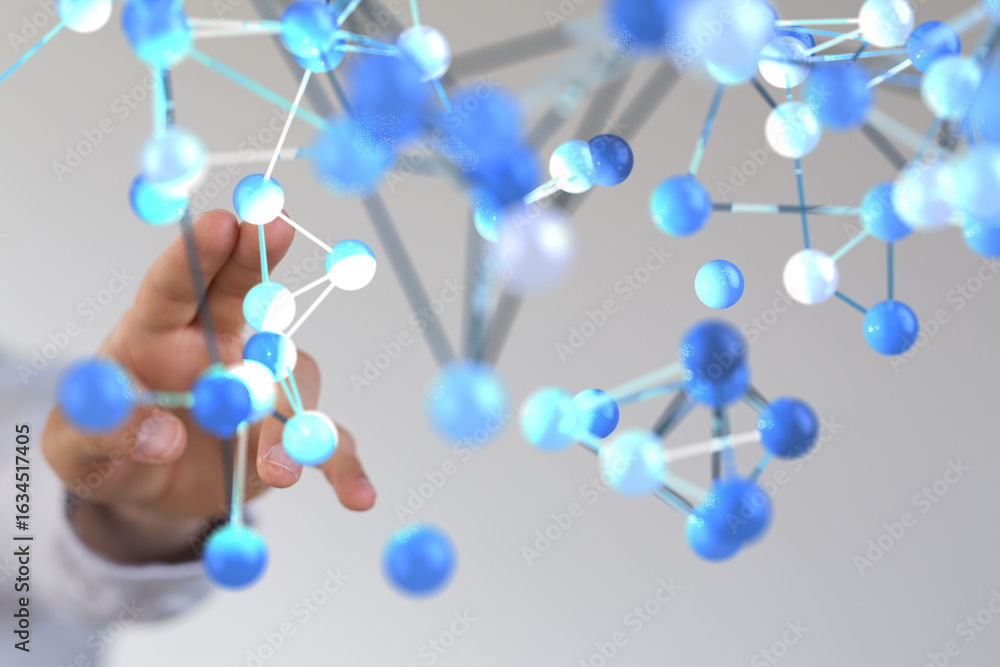 Poster abstract image of a hand interacting with a complex molecular structure. perfect for science, techno