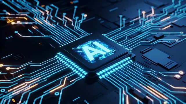 Futuristic computing unit with blue circuits and glowing AI chip embedded in a digital neural processor