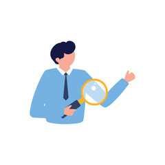 Scientist examining specimen with magnifying glass in flat vector art, Focused investigator with magnifying glass examining something intently exploring details and seeking information for research