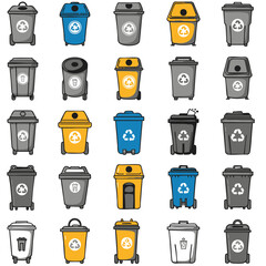 Vector collection of trash cans and recycling bins. Illustrations of garbage containers for waste management.