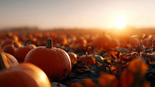 Harvest time at a pumpkin patch during golden hour with sun setting over the field