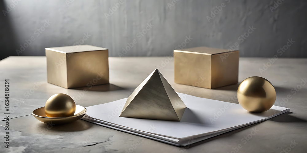 Poster golden geometric shapes including cubes, a pyramid, and spheres arranged on a surface with a paper, 