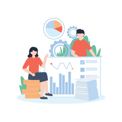 Presentation, vision, strategy. The male leader explains profitable investment opportunity, business plan. Vector illustration, Businessman changes the direction of the arrow.