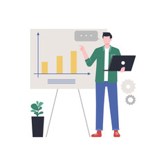 Presentation, vision, strategy. The male leader explains profitable investment opportunity, business plan. Vector illustration, Businessman changes the direction of the arrow.
