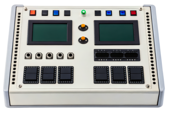 Vintage industrial equipment control panel with screens and buttons isolated with transparent background