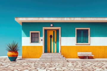 Colorful house exterior with vibrant door and planters in a sunny, coastal environment