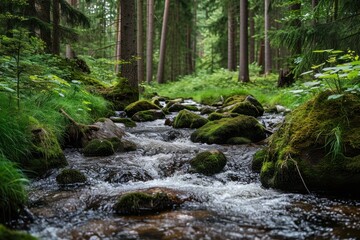 Obraz premium Stream In the Forest scenery photo forest stream vegetation.