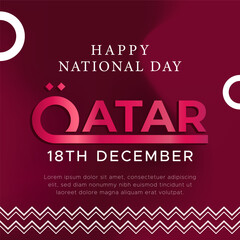 Modern Qatar National Day poster featuring bold 3D typography with gradient pink tones on a maroon background. Includes decorative zigzag elements and clean geometric shapes for a festive look. Qatar