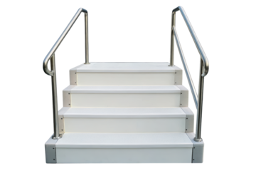 Pool stairs with non-slip treads and rails isolated with transparent background